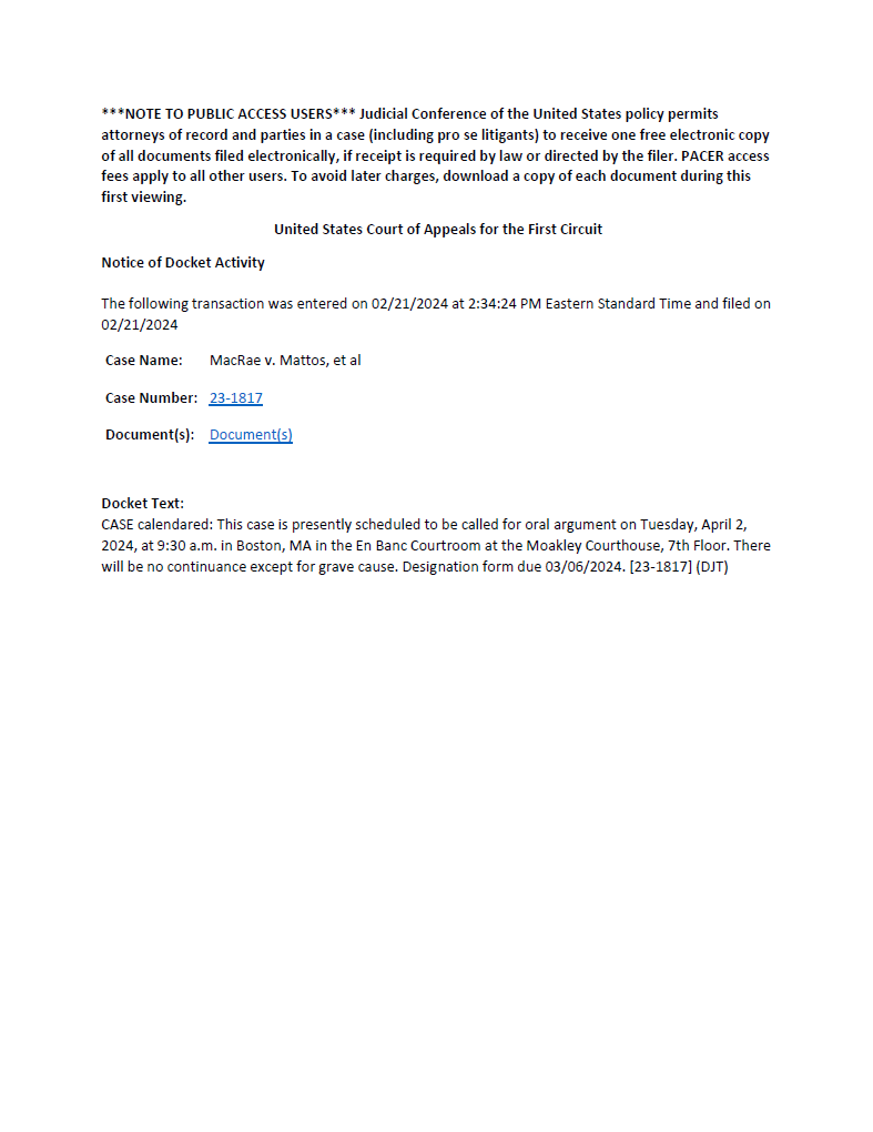 MacRae v. Mattos, et al April 2024 hearing order 1...